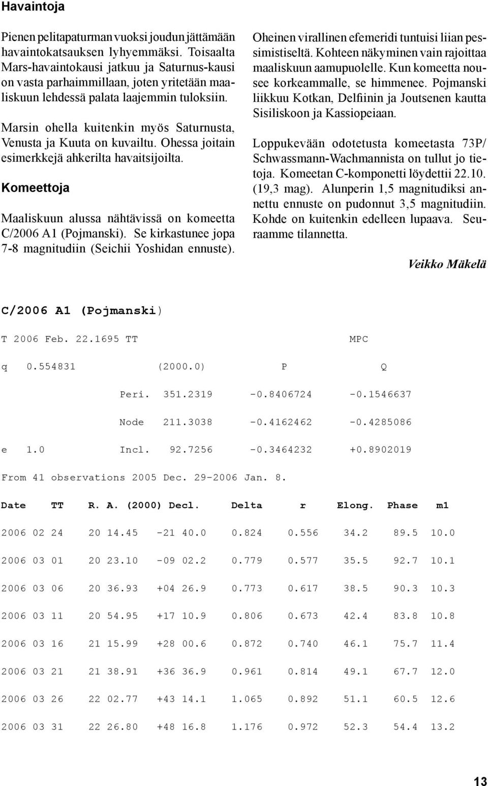 Marsin ohella kuitenkin myös Saturnusta, Venusta ja Kuuta on kuvailtu. Ohessa joitain esimerkkejä ahkerilta havaitsijoilta. Komeettoja Maaliskuun alussa nähtävissä on komeetta C/2006 A1 (Pojmanski).