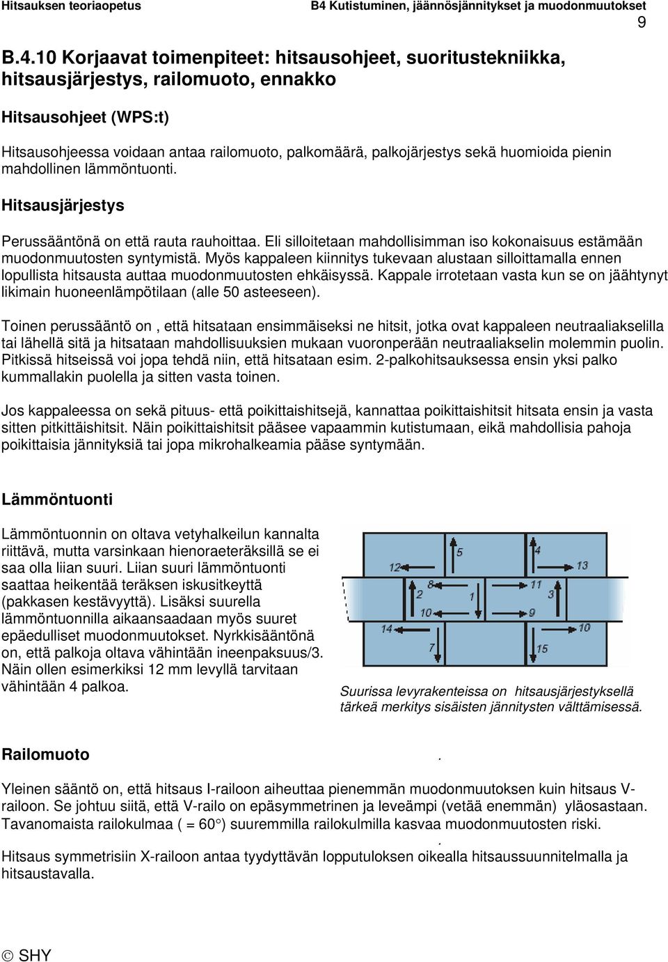 huomioida pienin mahdollinen lämmöntuonti. Hitsausjärjestys Perussääntönä on että rauta rauhoittaa. Eli silloitetaan mahdollisimman iso kokonaisuus estämään muodonmuutosten syntymistä.