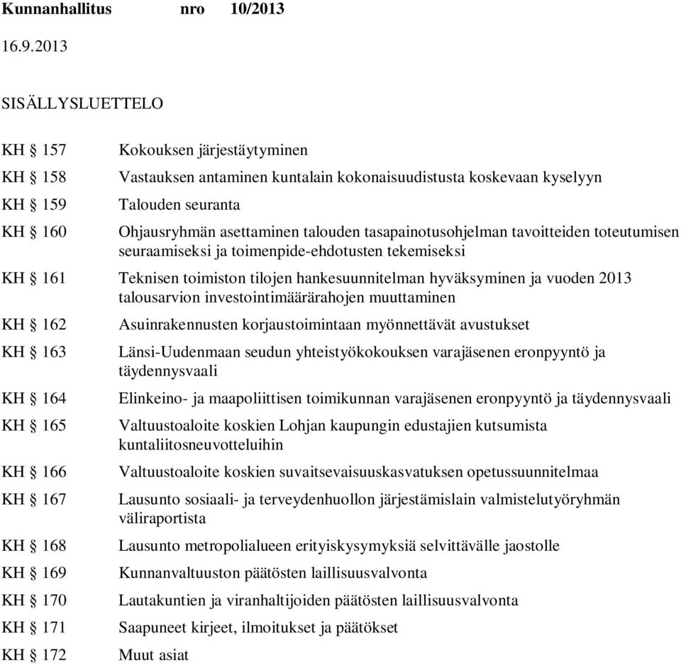 investointimäärärahojen muuttaminen KH 162 KH 163 KH 164 KH 165 KH 166 KH 167 KH 168 KH 169 KH 170 KH 171 KH 172 Asuinrakennusten korjaustoimintaan myönnettävät avustukset Länsi-Uudenmaan seudun