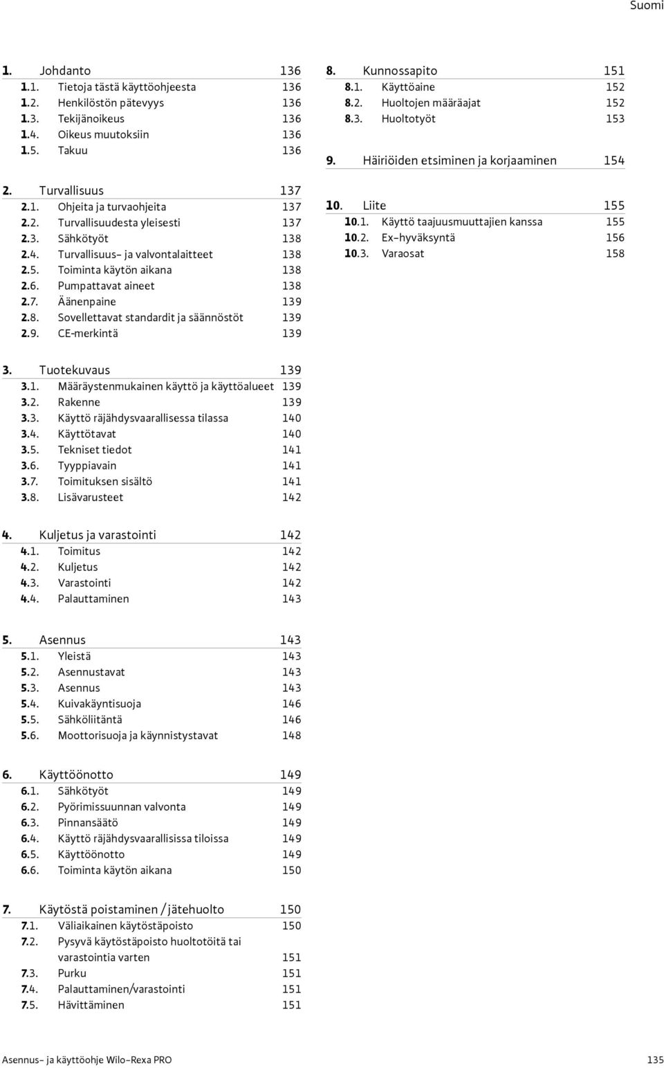 9. CE merkintä 139 8. Kunnossapito 151 8.1. Käyttöaine 152 8.2. Huoltojen määräajat 152 8.3. Huoltotyöt 153 9. Häiriöiden etsiminen ja korjaaminen 154 10. Liite 155 10.1. Käyttö taajuusmuuttajien kanssa 155 10.