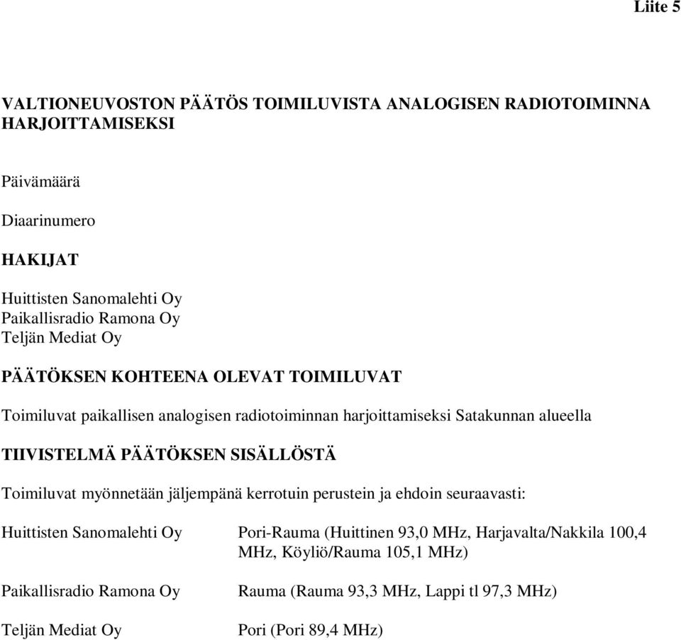 TIIVISTELMÄ PÄÄTÖKSEN SISÄLLÖSTÄ Toimiluvat myönnetään jäljempänä kerrotuin perustein ja ehdoin seuraavasti: Huittisten Sanomalehti Oy Pori-Rauma (Huittinen