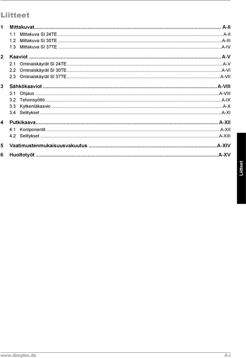 .. A-VIII 3.1 Ohjaus...A-VIII 3.2 Tehonsyöttö...A-IX 3.3 Kytkentäkaavio...A-X 3.4 Selitykset...A-XI 4 Putkikaava... A-XII 4.