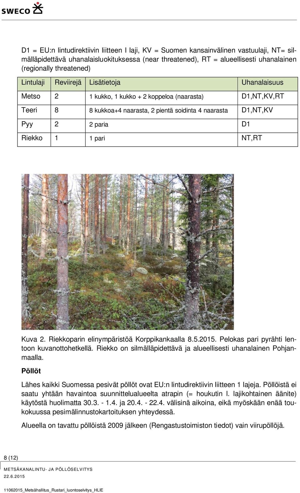 D1 Riekko 1 1 pari NT,RT Kuva 2. Riekkoparin elinympäristöä Korppikankaalla 8.5.2015. Pelokas pari pyrähti lentoon kuvanottohetkellä.