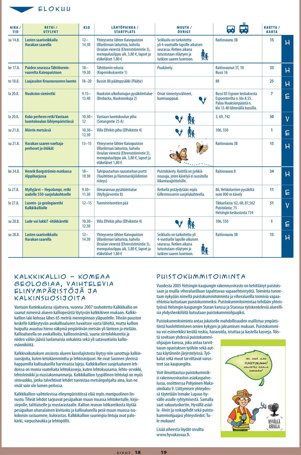 Retken aikana tutustutaan eläytyen ja tutkien saaren luontoon. Puukävely. Raitiovaunut 3T, 10 Bussi 16 to 18.8. Laajasalon Kruunuvuoren luonto 18 20 Bussin 88 päätepysäkki (Päätie) 88 25 la 20.8. Nuuksion sieniretki 9.