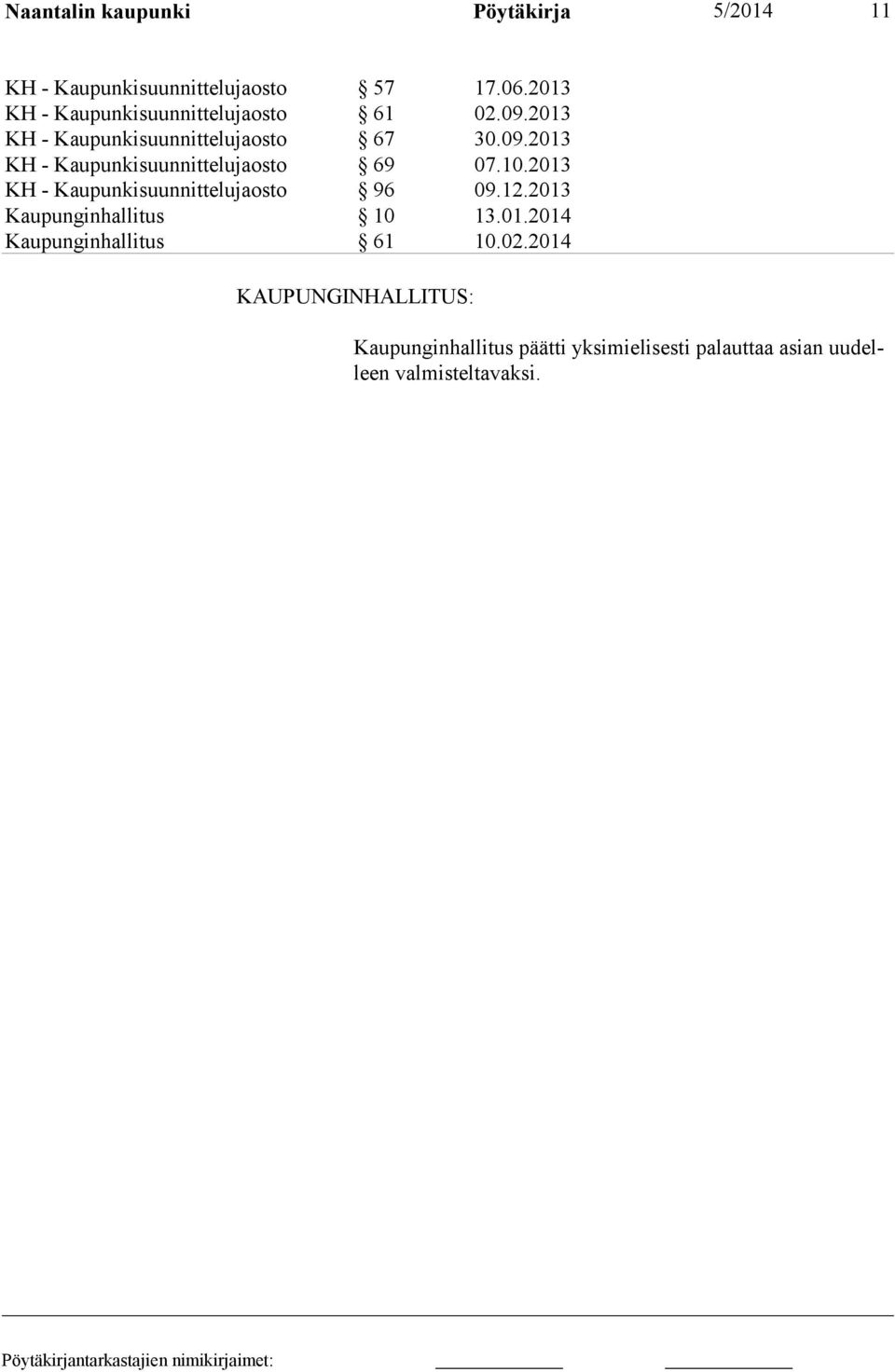 10.2013 KH - Kaupunkisuunnittelujaosto 96 09.12.2013 Kaupunginhallitus 10 13.01.2014 Kaupunginhallitus 61 10.