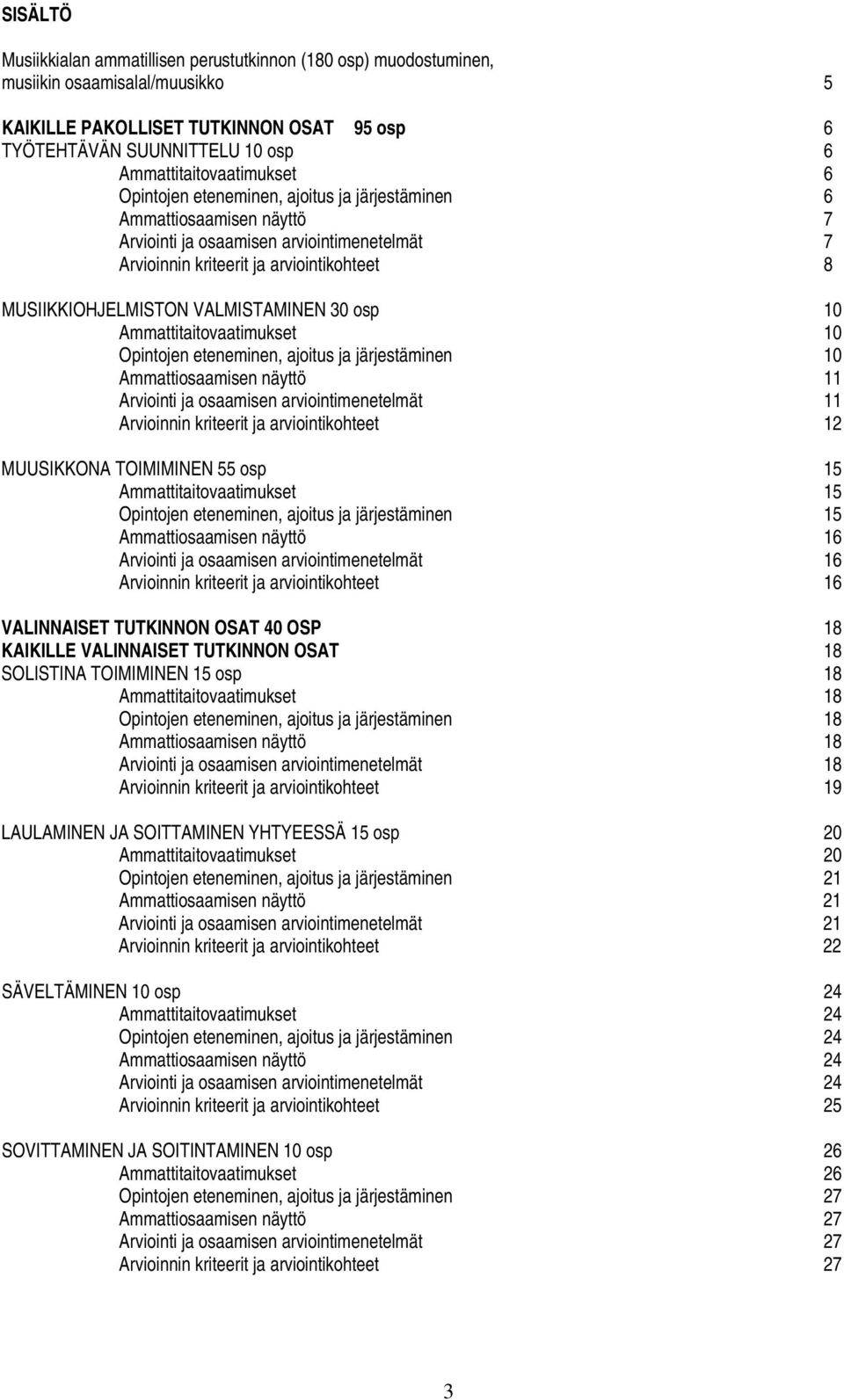 MUSIIKKIOHJELMISTON VALMISTAMINEN 30 osp 10 Ammattitaitovaatimukset 10 Opintojen eteneminen, ajoitus ja järjestäminen 10 Ammattiosaamisen näyttö 11 Arviointi ja osaamisen arviointimenetelmät 11