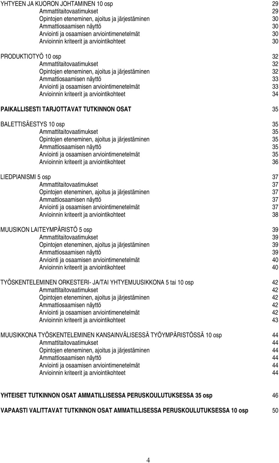 arviointimenetelmät 33 Arvioinnin kriteerit ja arviointikohteet 34 PAIKALLISESTI TARJOTTAVAT TUTKINNON OSAT 35 BALETTISÄESTYS 10 osp 35 Ammattitaitovaatimukset 35 Opintojen eteneminen, ajoitus ja