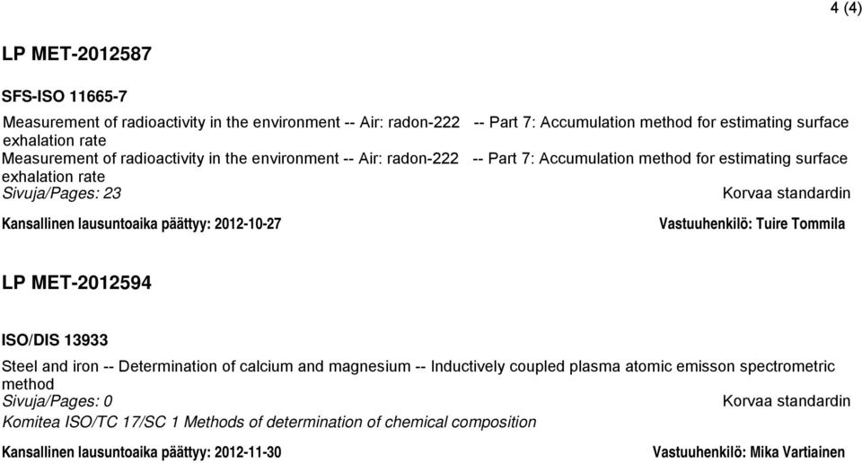 Kansallinen lausuntoaika päättyy: 2012-10-27 LP MET-2012594 ISO/DIS 13933 Steel and iron -- Determination of calcium and magnesium -- Inductively coupled plasma atomic emisson