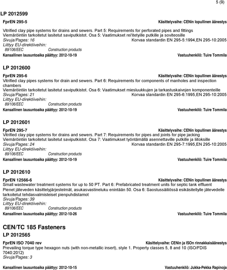 Osa 5: Vaatimukset rei'itetyille putkille ja soviteosille Sivuja/Pages: 16 Korvaa standardin EN 295-5:1994,EN 295-10:2005 89/106/EEC Construction products Kansallinen lausuntoaika päättyy: 2012-10-19