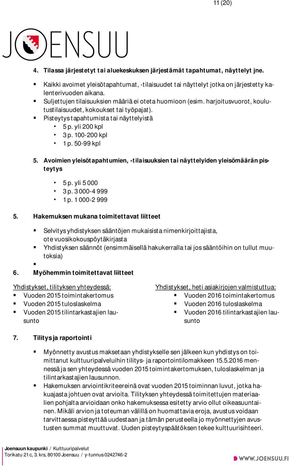 50-99 kpl 5. Avoimien yleisötapahtumien, -tilaisuuksien tai näyttelyiden yleisömäärän pisteytys 5 p. yli 5 000 3 p. 3 000-4 999 1 p. 1 000-2 999 5.