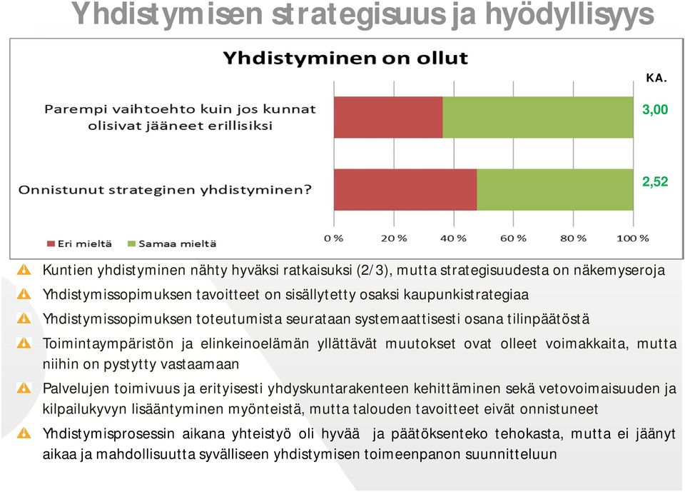 Yhdistymissopimuksen toteutumista seurataan systemaattisesti osana tilinpäätöstä Toimintaympäristön ja elinkeinoelämän yllättävät muutokset ovat olleet voimakkaita, mutta niihin on pystytty