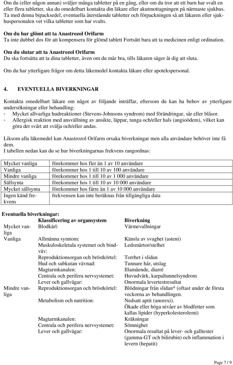 Om du har glömt att ta Anastrozol Orifarm Ta inte dubbel dos för att kompensera för glömd tablett Fortsätt bara att ta medicinen enligt ordination.