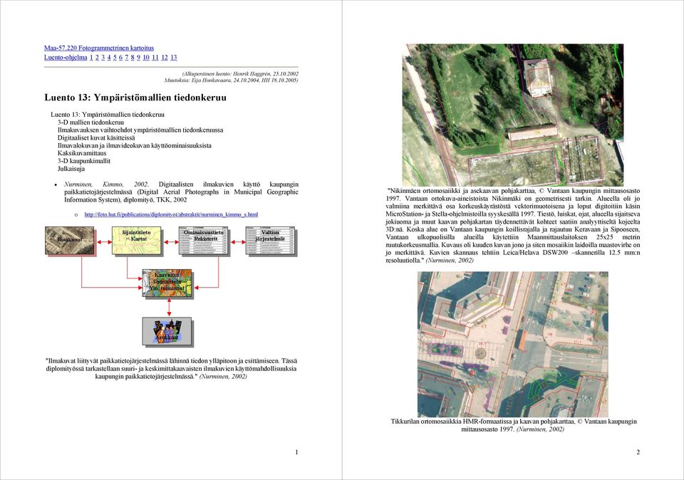 vaihtoehdot ympäristömallien tiedonkeruussa Digitaaliset kuvat käsitteissä Ilmavalokuvan ja ilmavideokuvan käyttöominaisuuksista Kaksikuvamittaus 3-D kaupunkimallit Julkaisuja (Alkuperäinen luento: