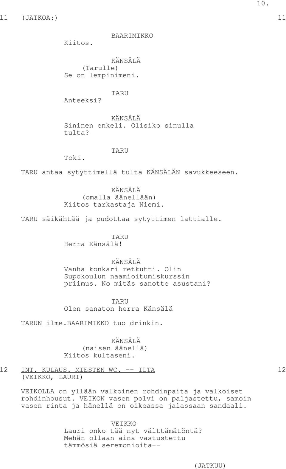 No mitäs sanotte asustani? Olen sanaton herra Känsälä N ilme.baarimikko tuo drinkin. (naisen äänellä) Kiitos kultaseni. 12 INT. KULAUS. MIESTEN WC.
