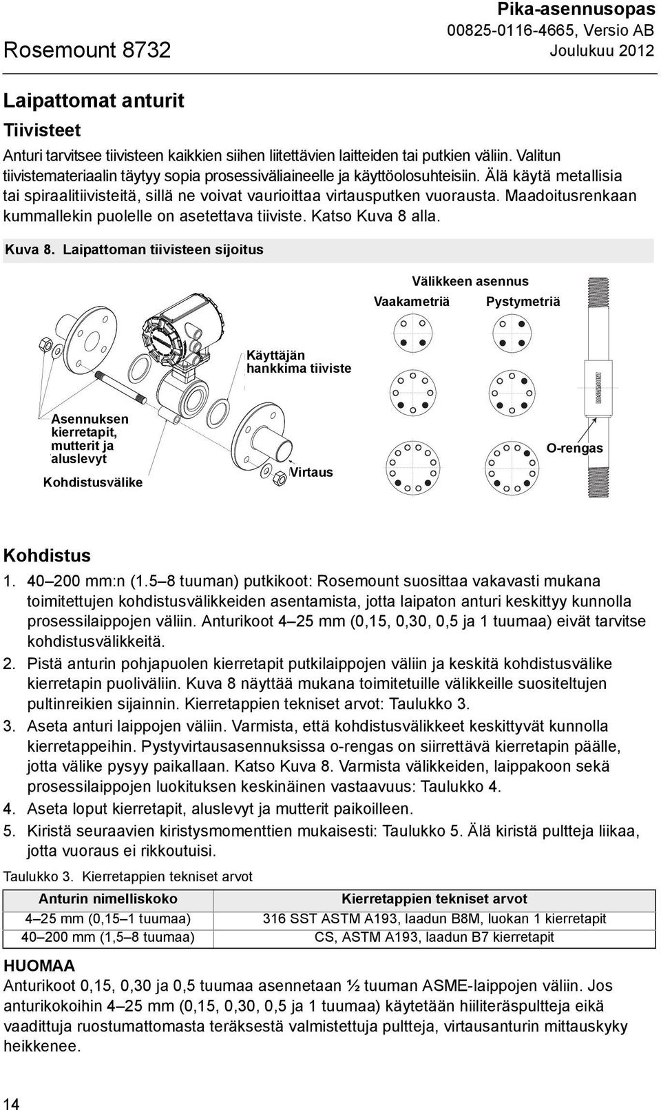 Maadoitusrenkaan kummallekin puolelle on asetettava tiiviste. Katso Kuva 8 