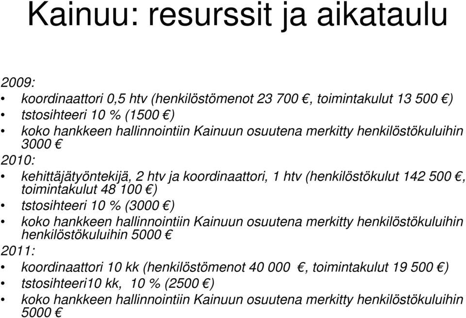 toimintakulut 48 100 ) tstosihteeri 10 % (3000 ) koko hankkeen hallinnointiin Kainuun osuutena merkitty henkilöstökuluihin henkilöstökuluihin 5000 2011: