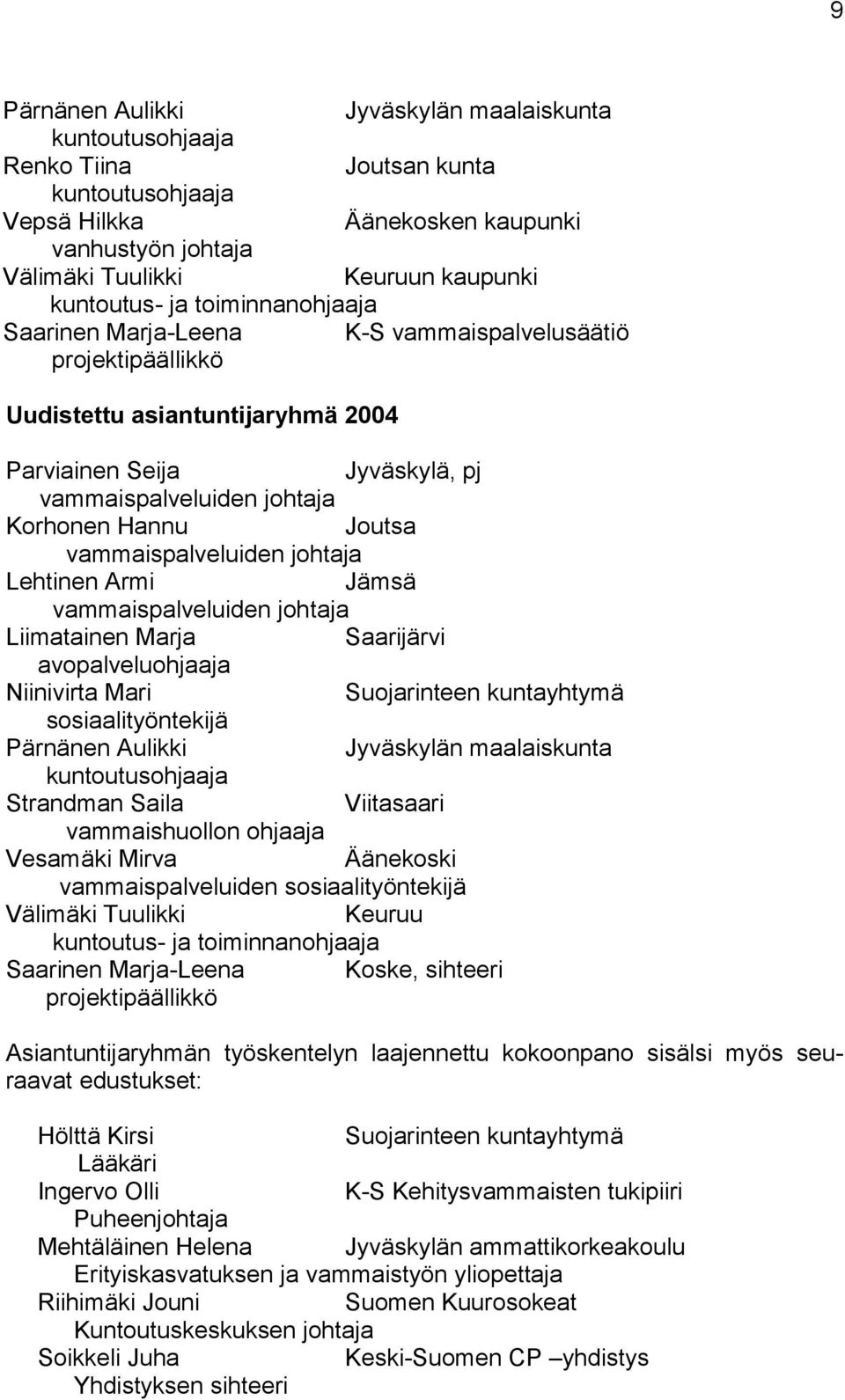 Hannu Joutsa vammaispalveluiden johtaja Lehtinen Armi Jämsä vammaispalveluiden johtaja Liimatainen Marja Saarijärvi avopalveluohjaaja Niinivirta Mari Suojarinteen kuntayhtymä sosiaalityöntekijä