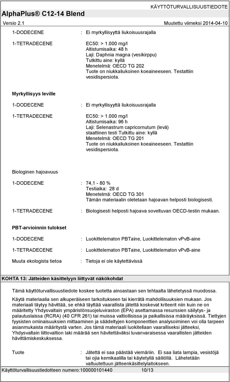 000 mg/l Altistumisaika: 96 h Laji: Selenastrum capricornutum (levä) staattinen testi Tutkittu aine: kyllä Menetelmä: OECD TG 201 Tuote on niukkaliukoinen koeaineeseen. Testattiin vesidispersiota.