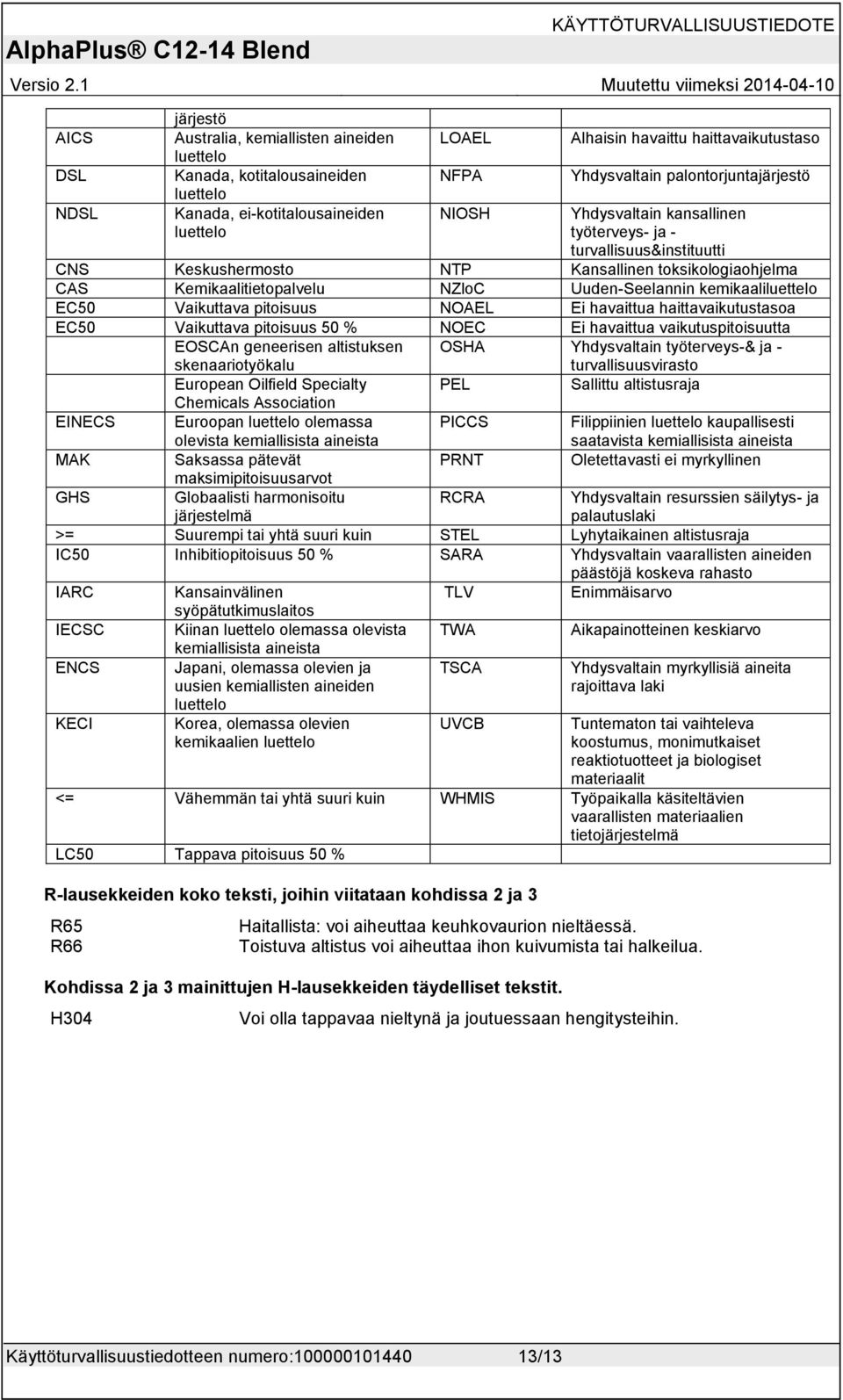 Uuden-Seelannin kemikaaliluettelo EC50 Vaikuttava pitoisuus NOAEL Ei havaittua haittavaikutustasoa EC50 Vaikuttava pitoisuus 50 % NOEC Ei havaittua vaikutuspitoisuutta EOSCAn geneerisen altistuksen