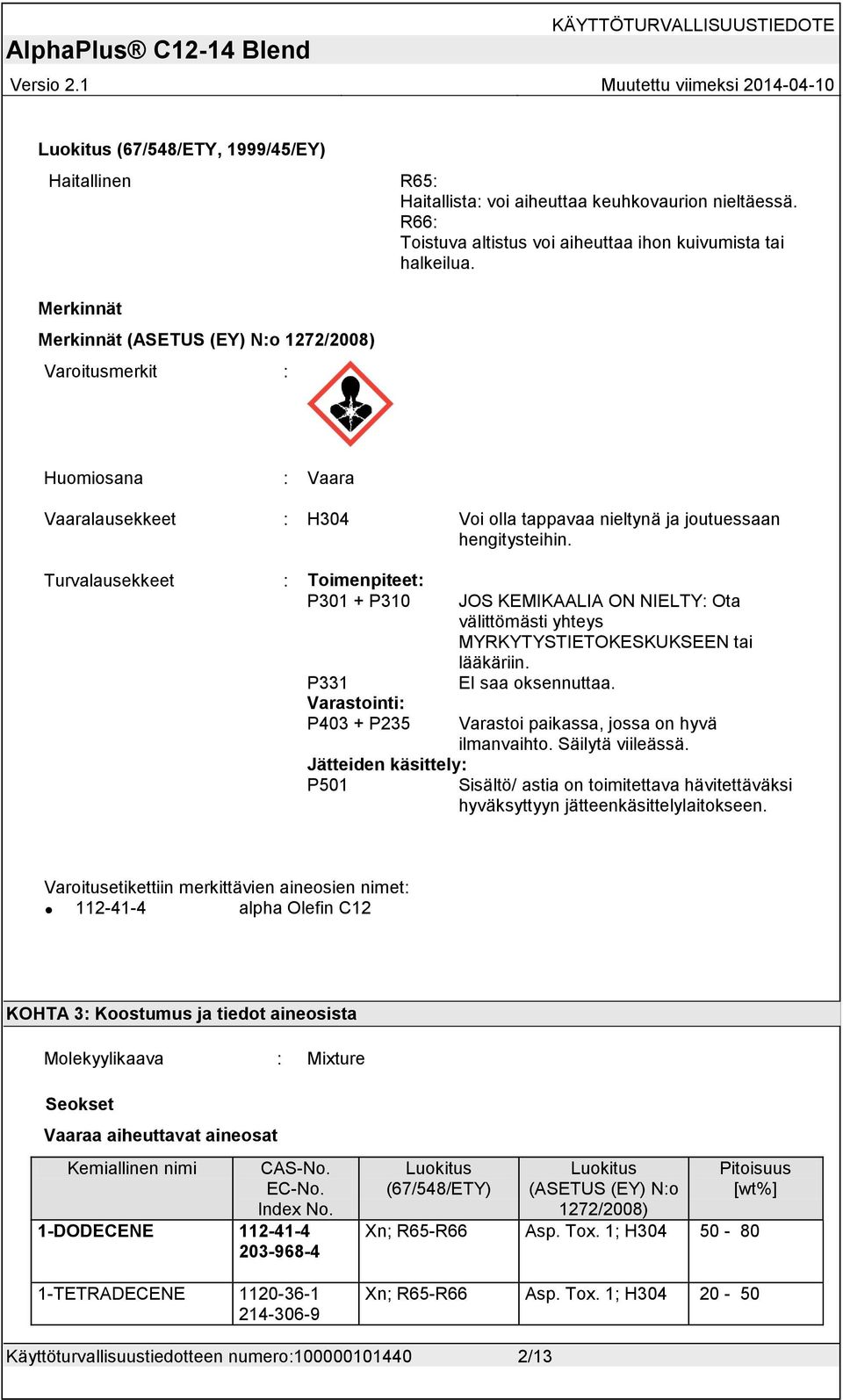 Turvalausekkeet : Toimenpiteet: P301 + P310 P331 Varastointi: P403 + P235 Jätteiden käsittely: P501 JOS KEMIKAALIA ON NIELTY: Ota välittömästi yhteys MYRKYTYSTIETOKESKUKSEEN tai lääkäriin.