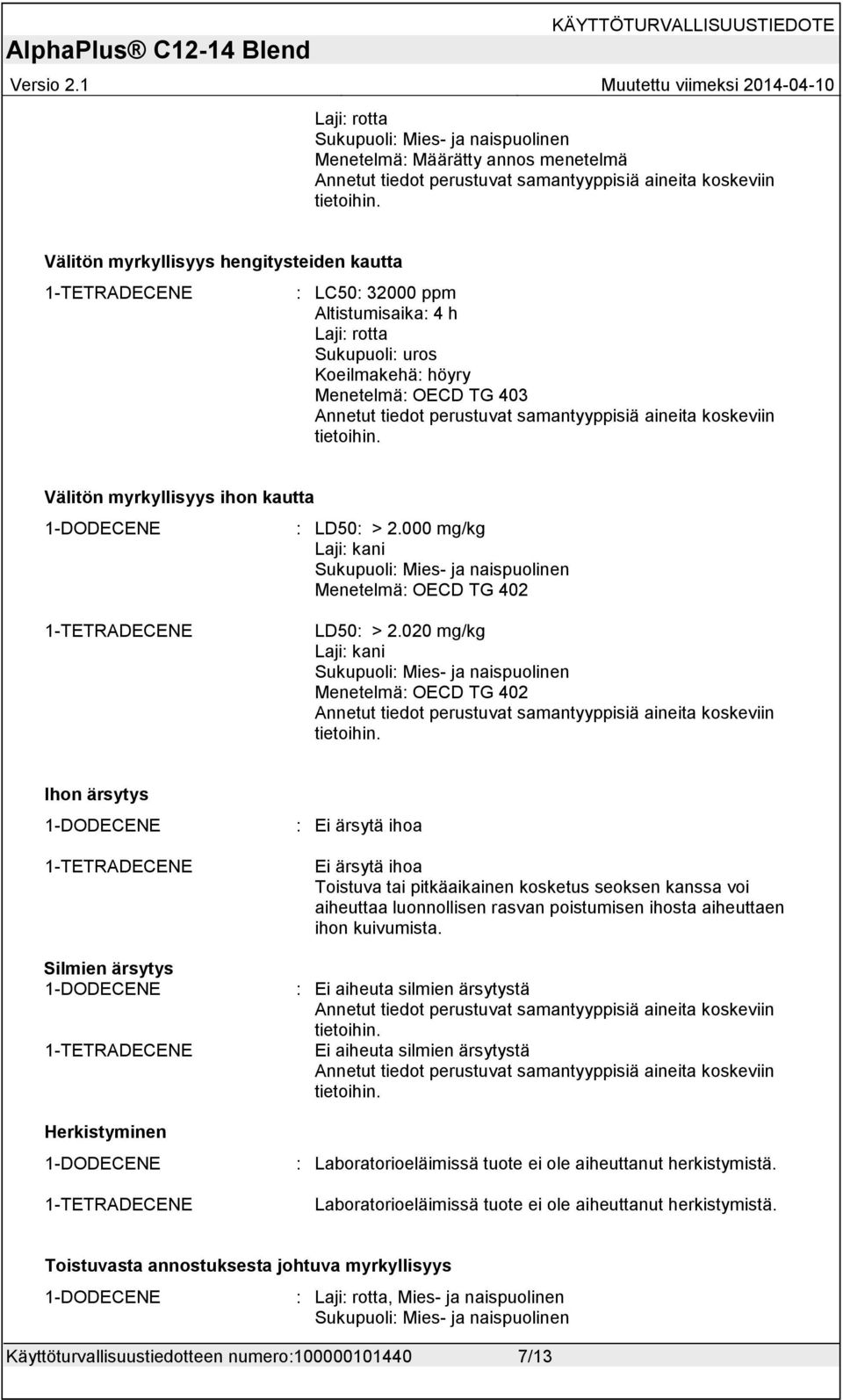 020 mg/kg Laji: kani Sukupuoli: Mies- ja naispuolinen Menetelmä: OECD TG 402 Ihon ärsytys Silmien ärsytys Herkistyminen : Ei ärsytä ihoa Ei ärsytä ihoa Toistuva tai pitkäaikainen kosketus seoksen