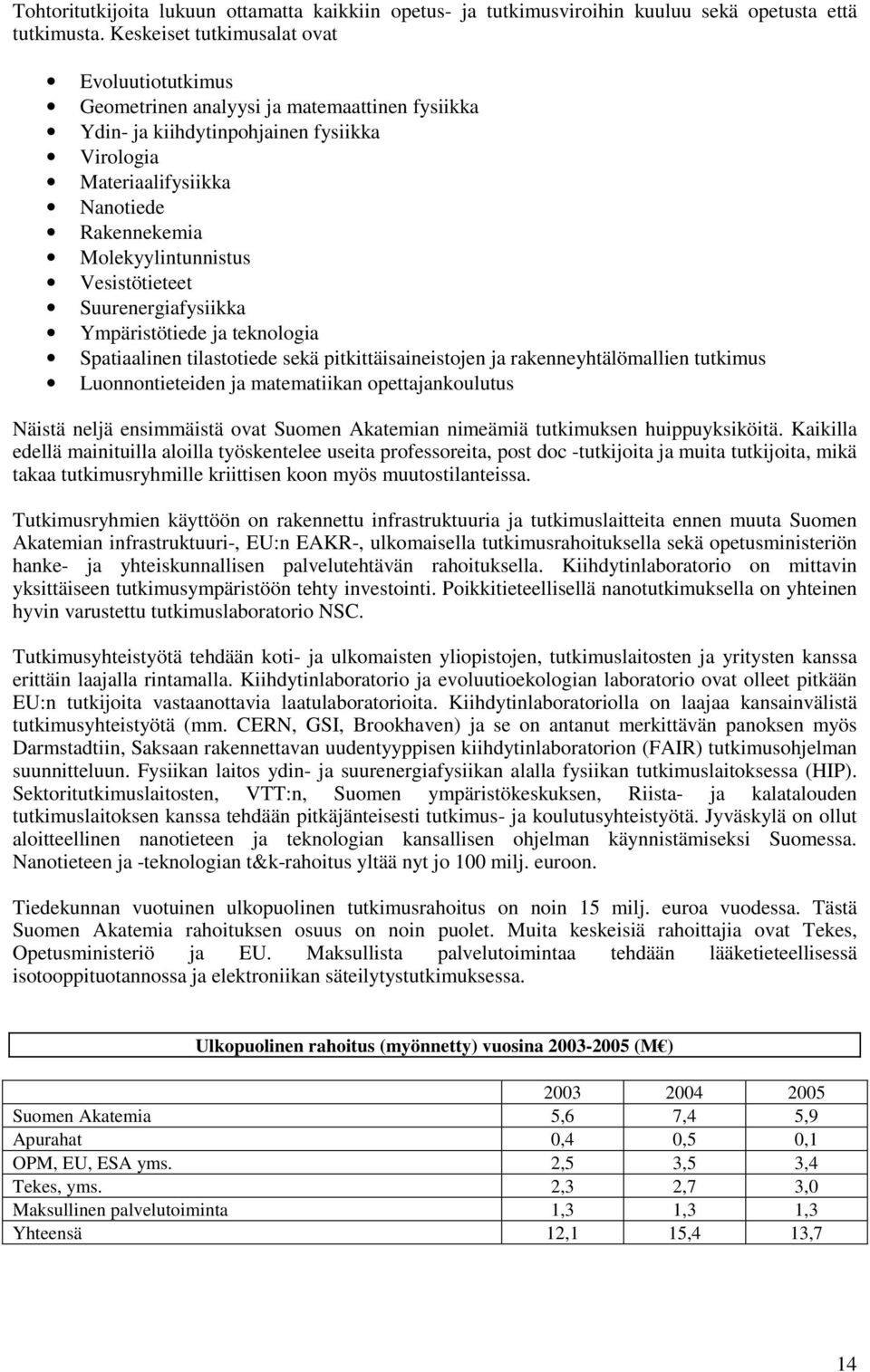 Molekyylintunnistus Vesistötieteet Suurenergiafysiikka Ympäristötiede ja teknologia Spatiaalinen tilastotiede sekä pitkittäisaineistojen ja rakenneyhtälömallien tutkimus Luonnontieteiden ja