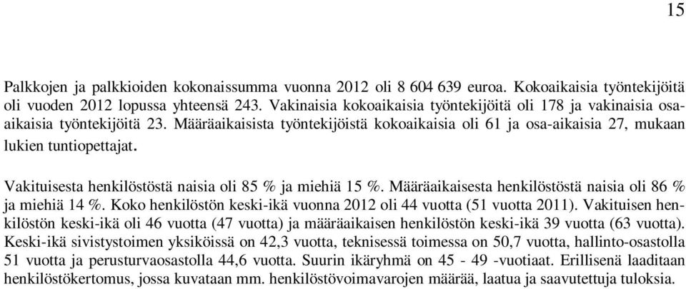 Vakituisesta henkilöstöstä naisia oli 85 % ja miehiä 15 %. Määräaikaisesta henkilöstöstä naisia oli 86 % ja miehiä 14 %. Koko henkilöstön keski-ikä vuonna 2012 oli 44 vuotta (51 vuotta 2011).