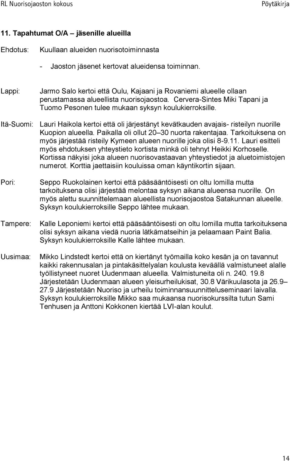 Itä-Suomi: Lauri Haikola kertoi että oli järjestänyt kevätkauden avajais- risteilyn nuorille Kuopion alueella. Paikalla oli ollut 20 30 nuorta rakentajaa.