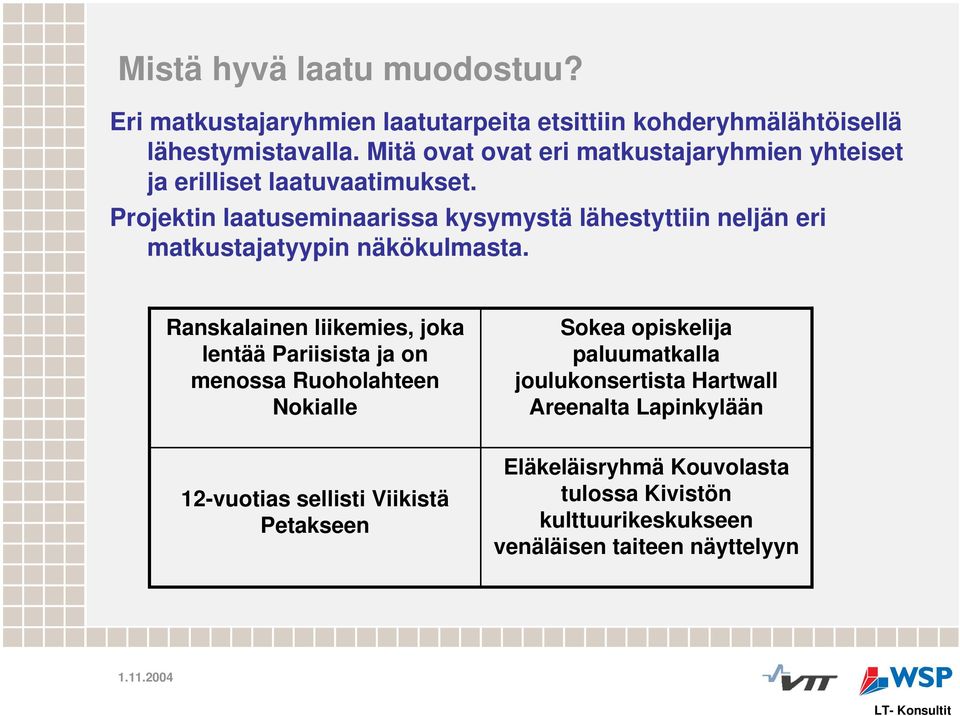 Projektin laatuseminaarissa kysymystä lähestyttiin neljän eri matkustajatyypin näkökulmasta.