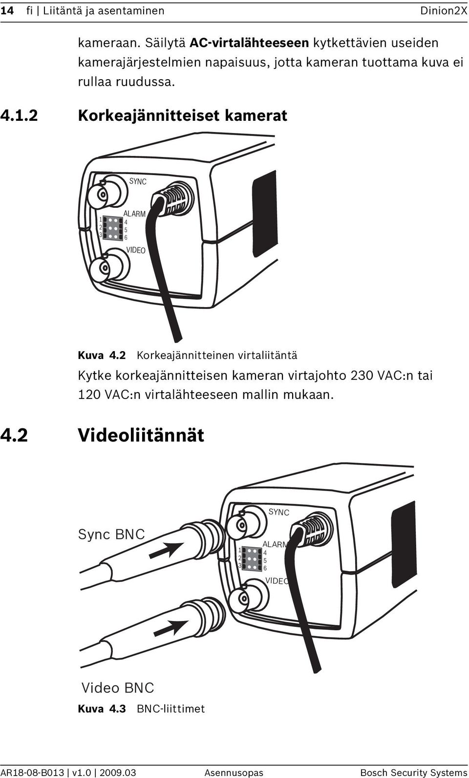 2 Korkeajännitteiset kamerat SYNC 1 2 3 ALARM 4 5 6 VIDEO Kuva 4.