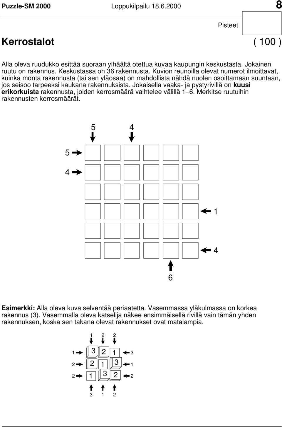 Jokaisella vaaka- ja pystyrivillä on kuusi erikorkuista rakennusta, joiden kerrosmäärä vaihtelee välillä 6. Merkitse ruutuihin rakennusten kerrosmäärät.