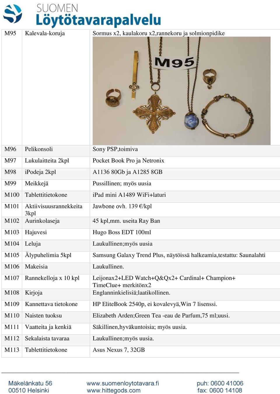 M108 Kirjoja M109 Kannettava tietokone M110 Naisten tuoksu M111 Vaatteita ja kenkiä M112 Sekalaista tavaraa M113 Tablettitietokone ipad mini A1489 WiFi+laturi Jawbone ovh. 139 /kpl 45 kpl,mm.