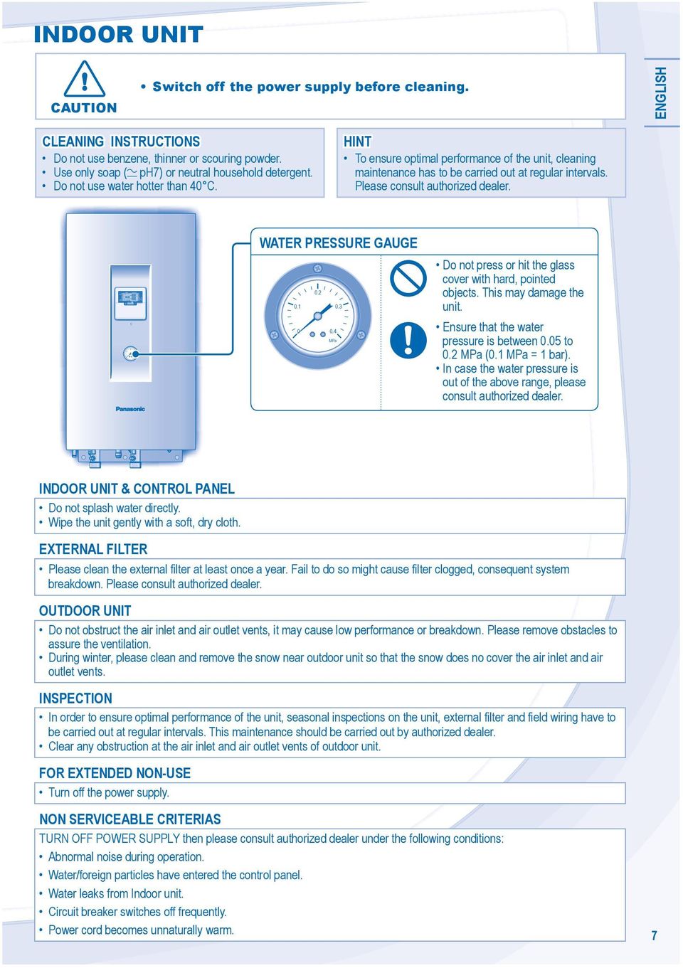 HINT To ensure optimal performance of the unit, cleaning maintenance has to be carried out at regular intervals. Please consult authorized dealer. WATER PRESSURE GAUGE 0.1 0 0.2 0.4 MPa 0.