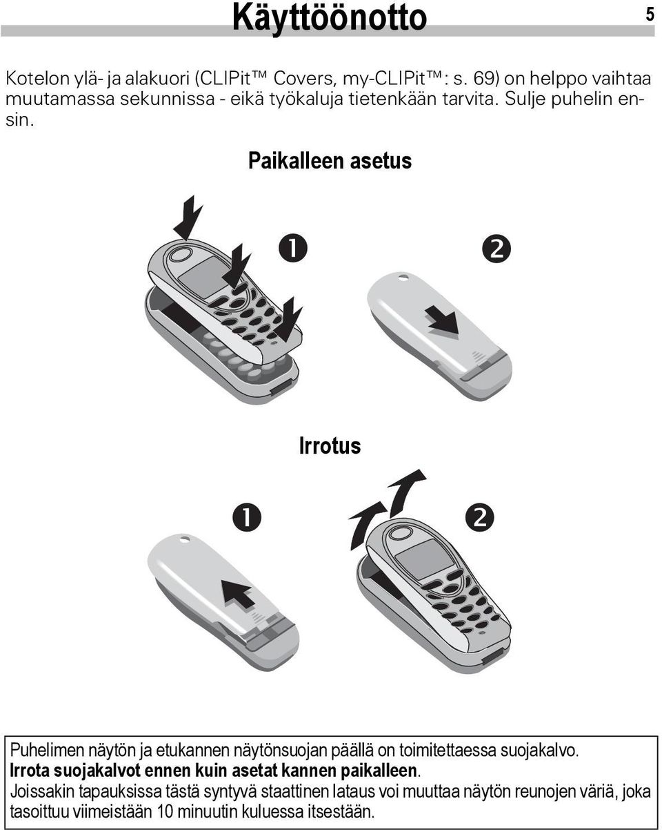 Paikalleen asetus Irrotus Puhelimen näytön ja etukannen näytönsuojan päällä on toimitettaessa suojakalvo.