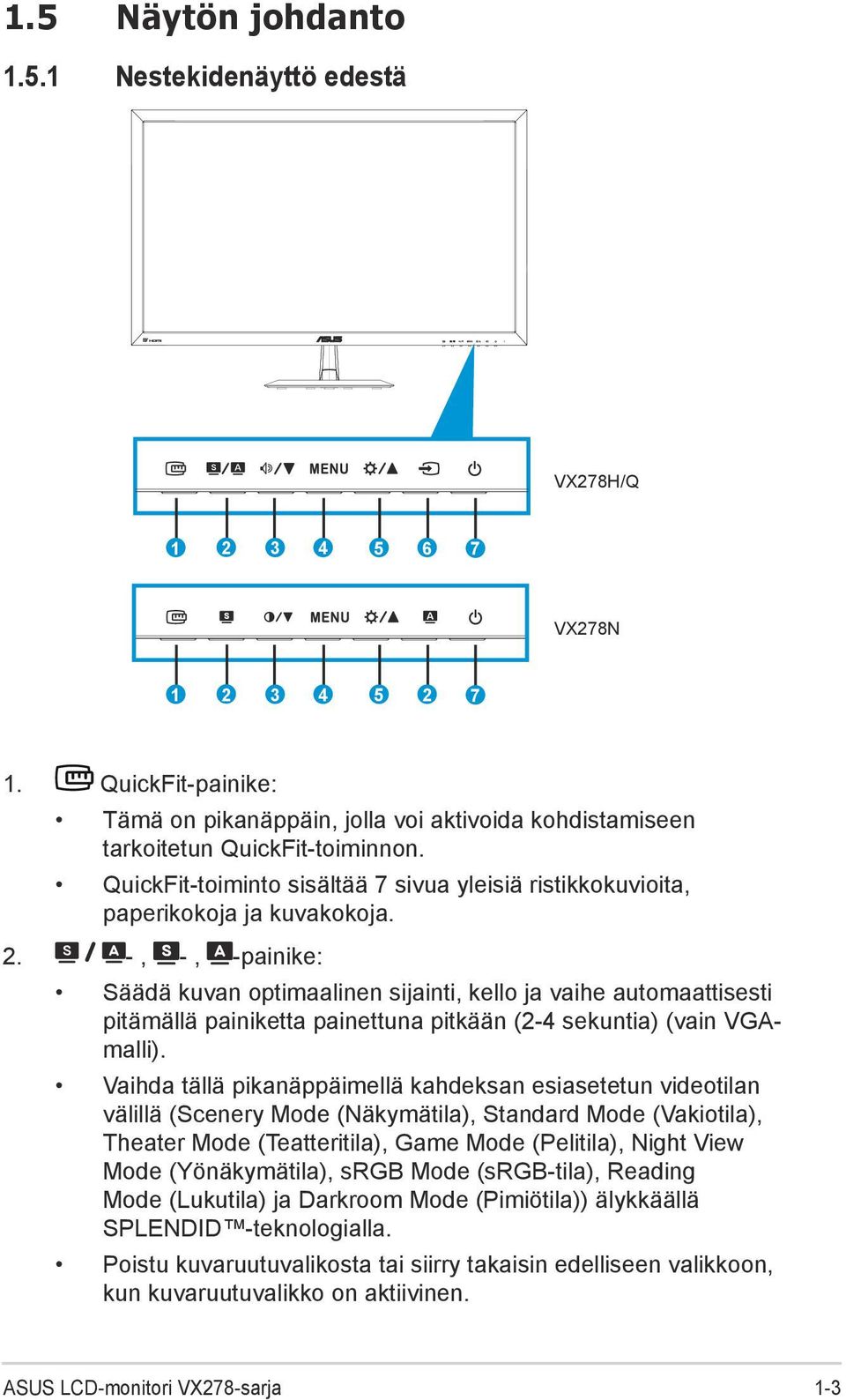 -, -, -painike: Säädä kuvan optimaalinen sijainti, kello ja vaihe automaattisesti pitämällä painiketta painettuna pitkään (2-4 sekuntia) (vain VGAmalli).