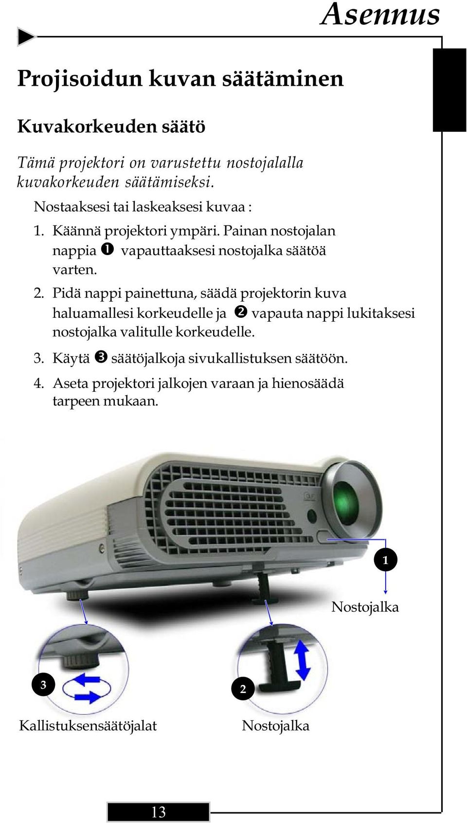 Pidä nappi painettuna, säädä projektorin kuva haluamallesi korkeudelle ja vapauta nappi lukitaksesi nostojalka valitulle korkeudelle. 3.