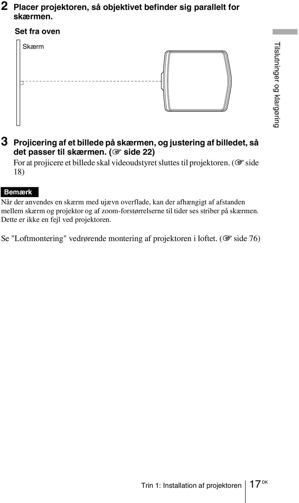 (1 side 22) For at projicere et billede skal videoudstyret sluttes til projektoren.