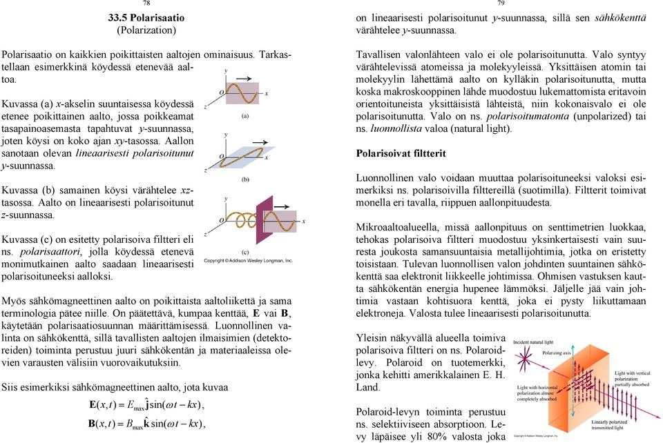 Kuvss () sminen köysi värähtelee xztsoss. Alto on linerisesti polrisoitunut z-suunnss. Kuvss (c) on esitetty polrisoiv filtteri eli ns.