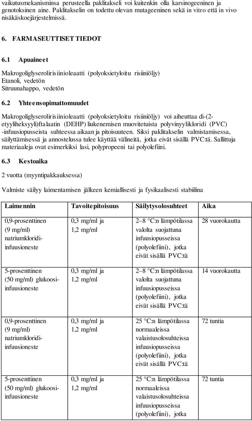 2 Yhteensopimattomuudet Makrogoliglyserolirisiinioleaatti (polyoksietyloitu risiiniöljy) voi aiheuttaa di-(2- etyyliheksyyli)ftalaatin (DEHP) liukenemisen muovitetuista polyvinyylikloridi (PVC)