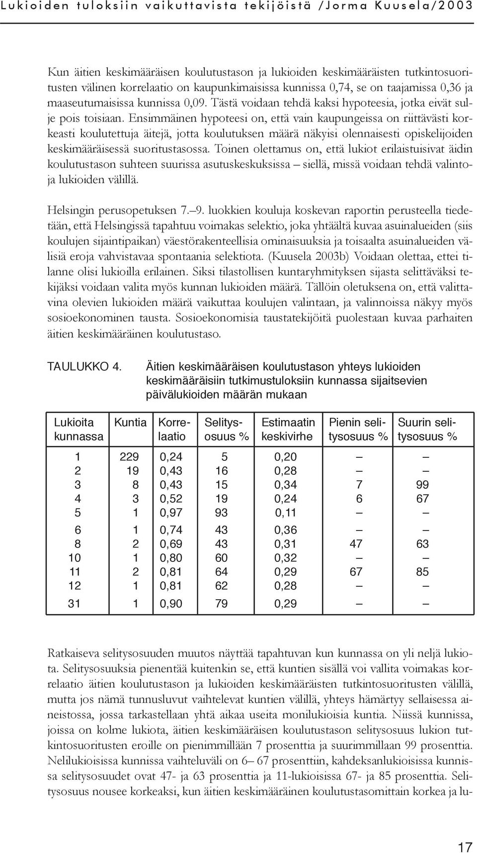 Ensimmäinen hypoteesi on, että vain kaupungeissa on riittävästi korkeasti koulutettuja äitejä, jotta koulutuksen määrä näkyisi olennaisesti opiskelijoiden keskimääräisessä suoritustasossa.