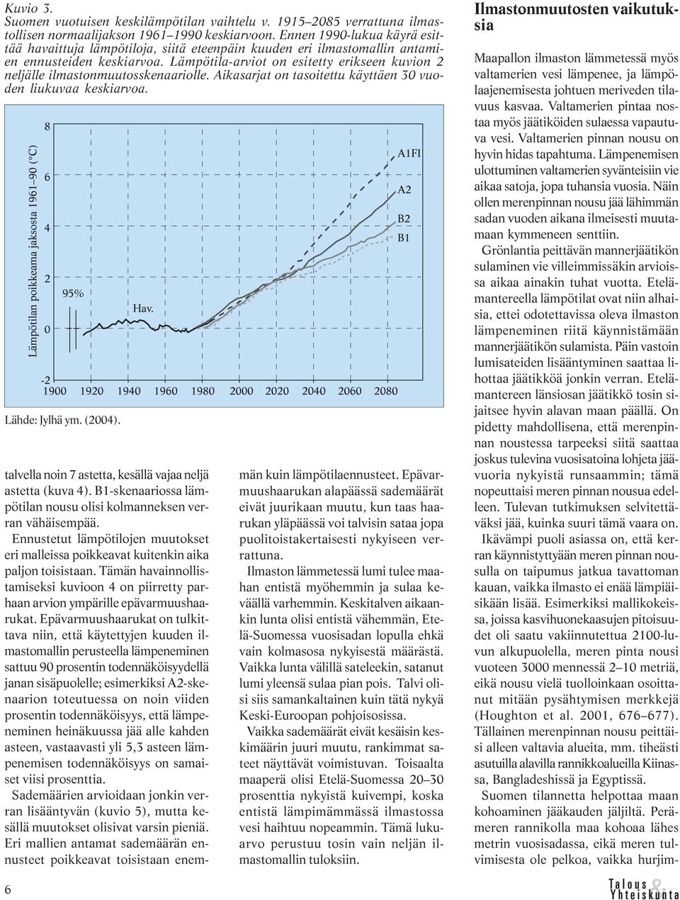 Lämpötila-arviot on esitetty erikseen kuvion 2 neljälle ilmastonmuutosskenaariolle. Aikasarjat on tasoitettu käyttäen 30 vuoden liukuvaa keskiarvoa. Lähde: Jylhä ym. (2004).