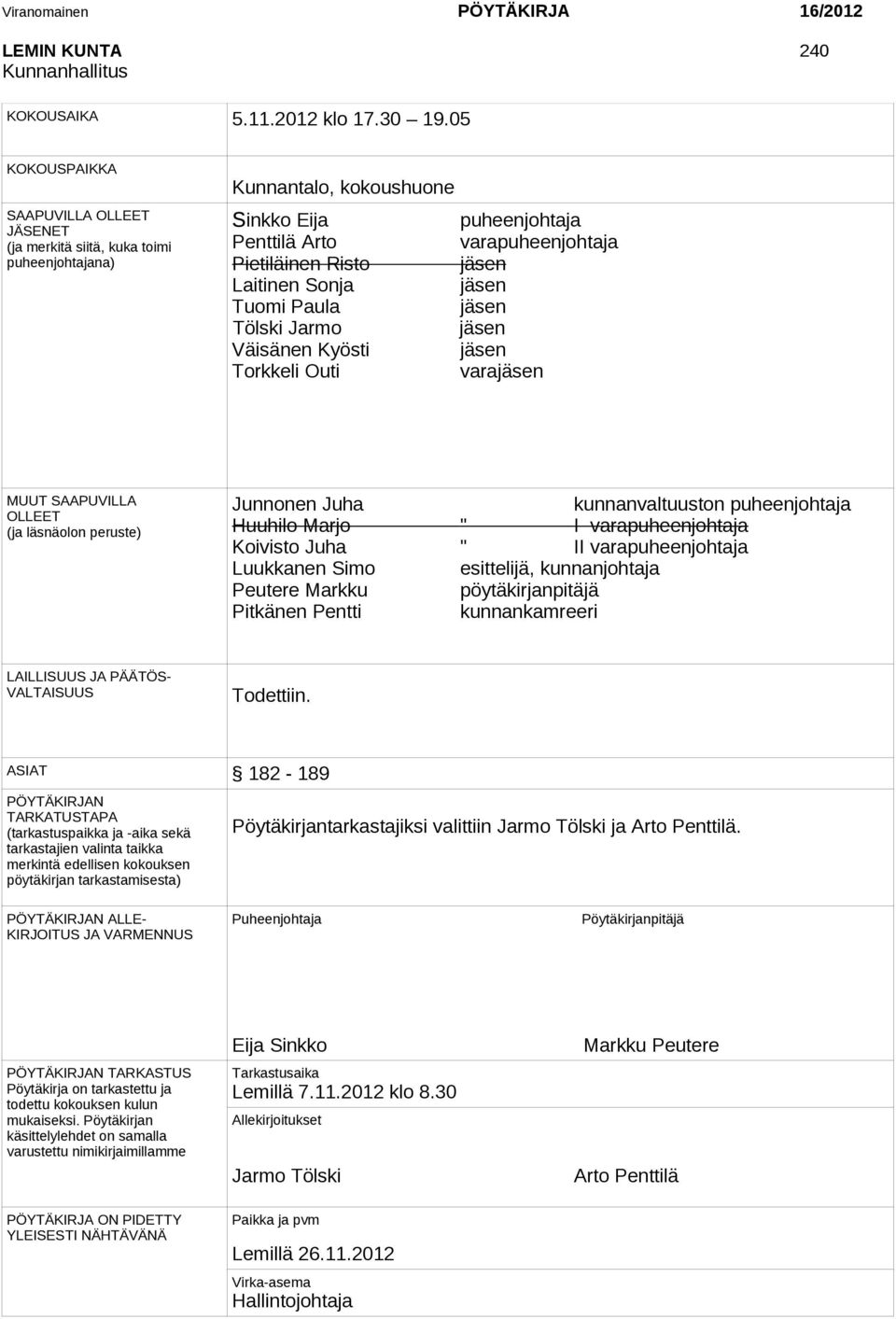 Laitinen Sonja jäsen Tuomi Paula jäsen Tölski Jarmo jäsen Väisänen Kyösti jäsen Torkkeli Outi varajäsen MUUT SAAPUVILLA OLLEET (ja läsnäolon peruste) Junnonen Juha kunnanvaltuuston puheenjohtaja