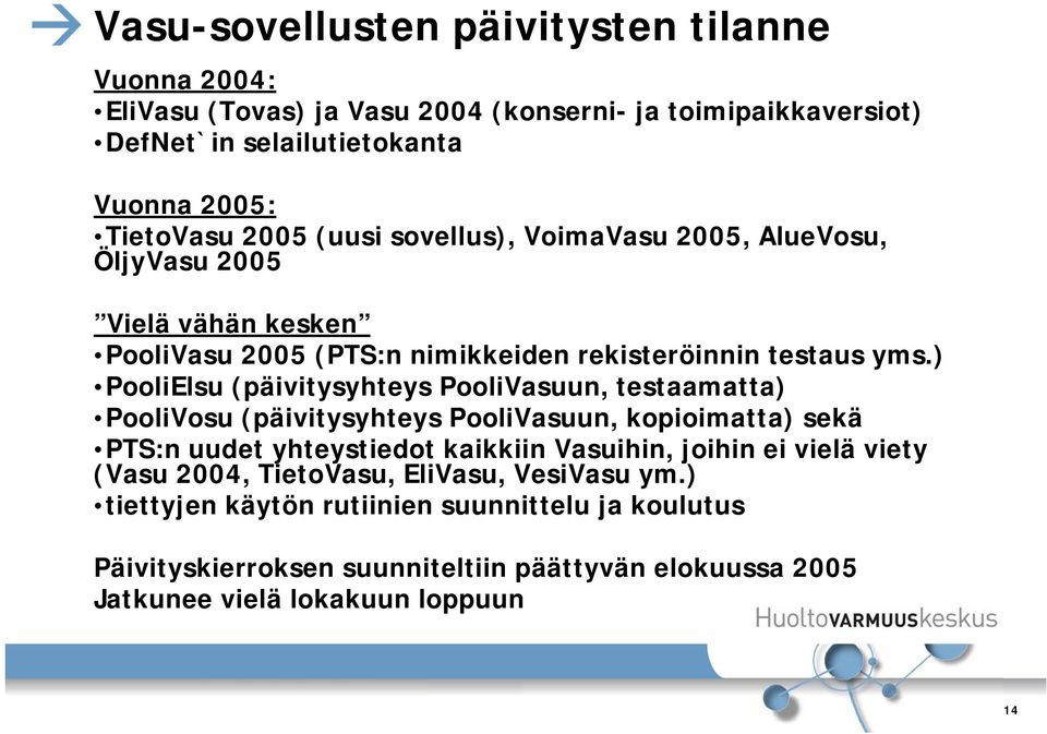 ) PooliElsu (päivitysyhteys PooliVasuun, testaamatta) PooliVosu (päivitysyhteys PooliVasuun, kopioimatta) sekä PTS:n uudet yhteystiedot kaikkiin Vasuihin, joihin ei