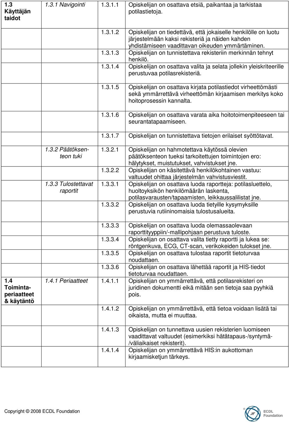 1.3.1.6 Opiskelijan on osattava varata aika hoitotoimenpiteeseen tai seurantatapaamiseen. 1.3.1.7 Opiskelijan on tunnistettava tietojen erilaiset syöttötavat. 1.3.2 Päätöksenteon tuki 1.3.3 Tulostettavat raportit 1.
