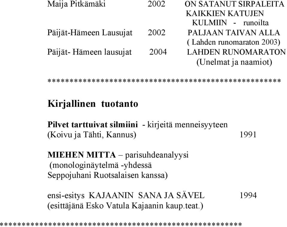 Pilvet tarttuivat silmiini - kirjeitä menneisyyteen (Koivu ja Tähti, Kannus) 1991 MIEHEN MITTA parisuhdeanalyysi (monologinäytelmä -yhdessä Seppojuhani