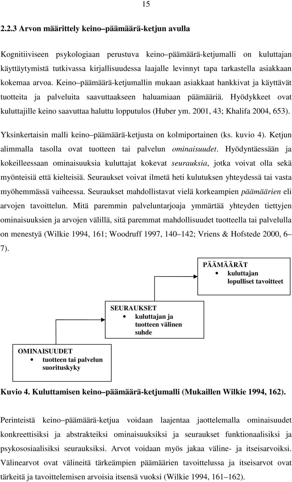 Hyödykkeet ovat kuluttajille keino saavuttaa haluttu lopputulos (Huber ym. 2001, 43; Khalifa 2004, 653). Yksinkertaisin malli keino päämäärä-ketjusta on kolmiportainen (ks. kuvio 4).