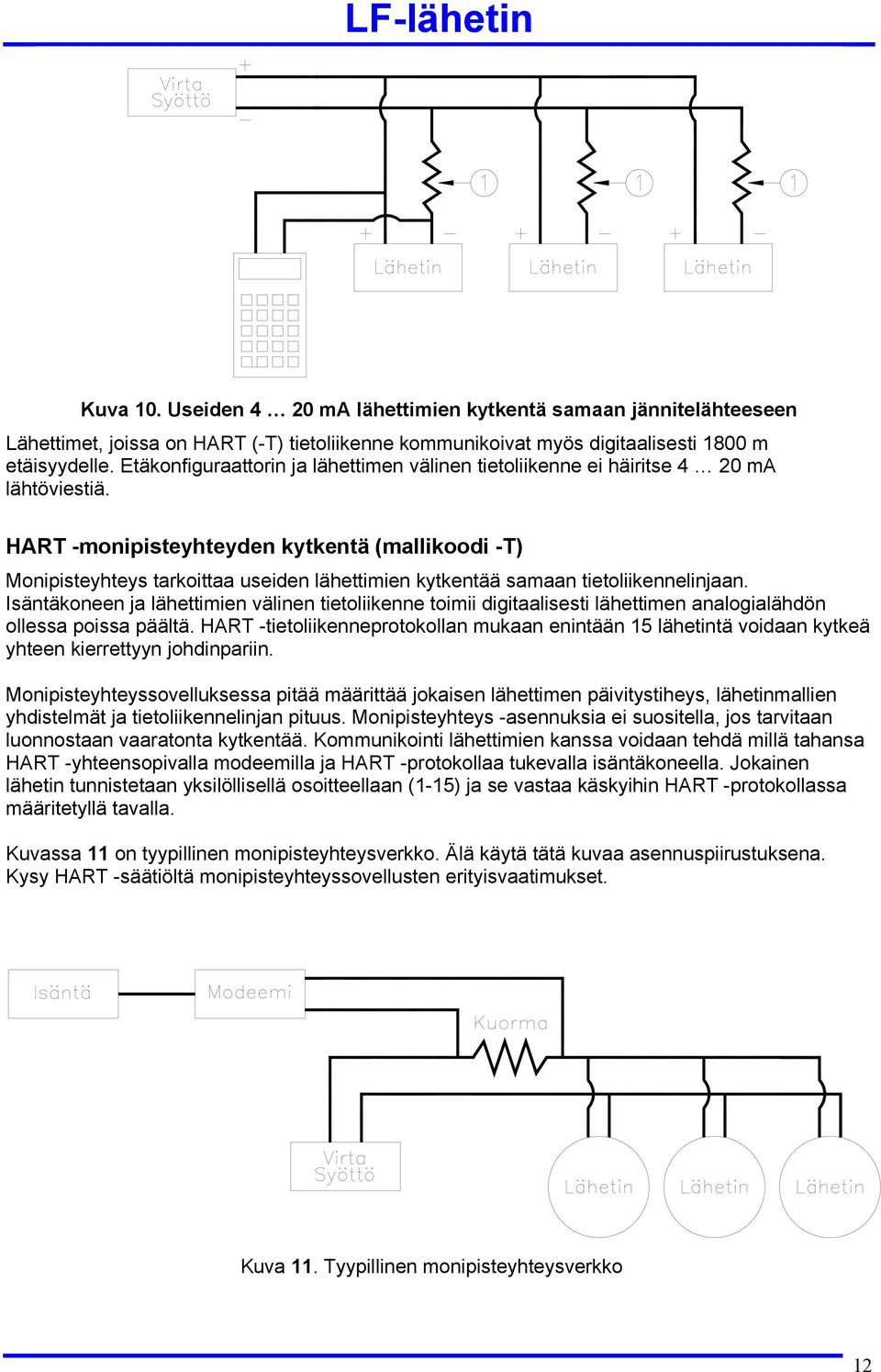 HART -monipisteyhteyden kytkentä (mallikoodi -T) Monipisteyhteys tarkoittaa useiden lähettimien kytkentää samaan tietoliikennelinjaan.