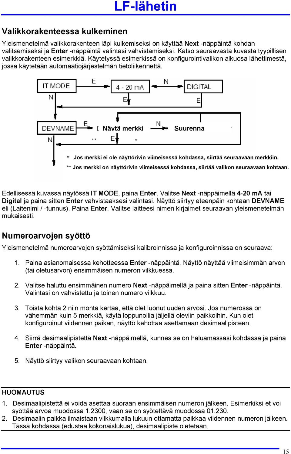 Näytä merkki Suurenna * Jos merkki ei ole näyttörivin viimeisessä kohdassa, siirtää seuraavaan merkkiin. ** Jos merkki on näyttörivin viimeisessä kohdassa, siirtää valikon seuraavaan kohtaan.