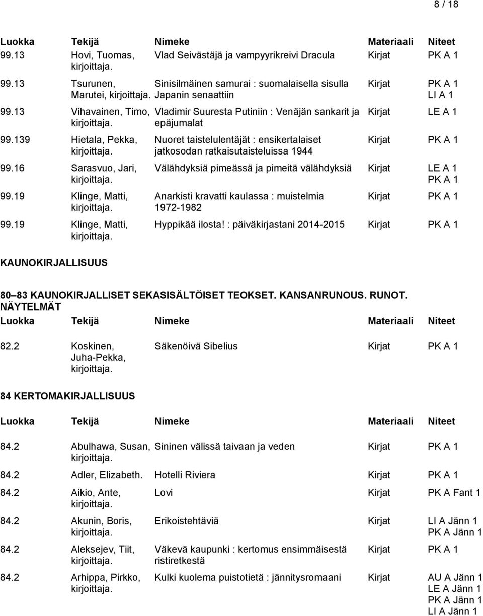 19 Klinge, Matti, KAUNOKIRJALLISUUS Vladimir Suuresta Putiniin : Venäjän sankarit ja epäjumalat Nuoret taistelulentäjät : ensikertalaiset jatkosodan ratkaisutaisteluissa 1944 Kirjat Välähdyksiä