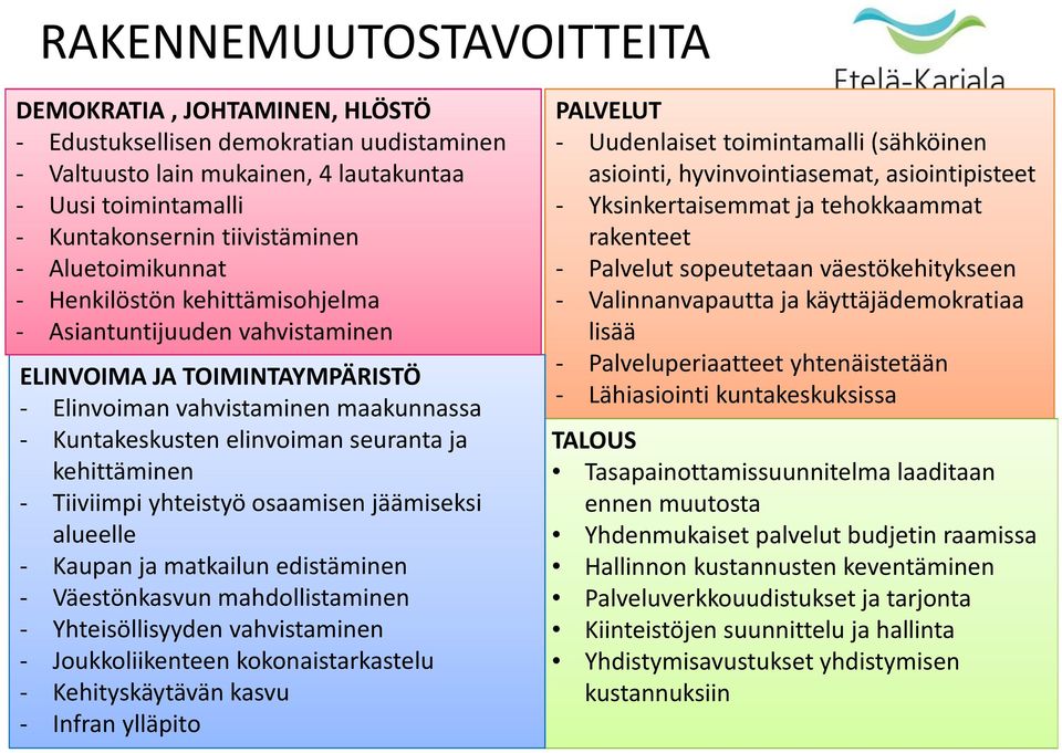 kehittäminen - Tiiviimpi yhteistyö osaamisen jäämiseksi alueelle - Kaupan ja matkailun edistäminen - Väestönkasvun mahdollistaminen - Yhteisöllisyyden vahvistaminen - Joukkoliikenteen